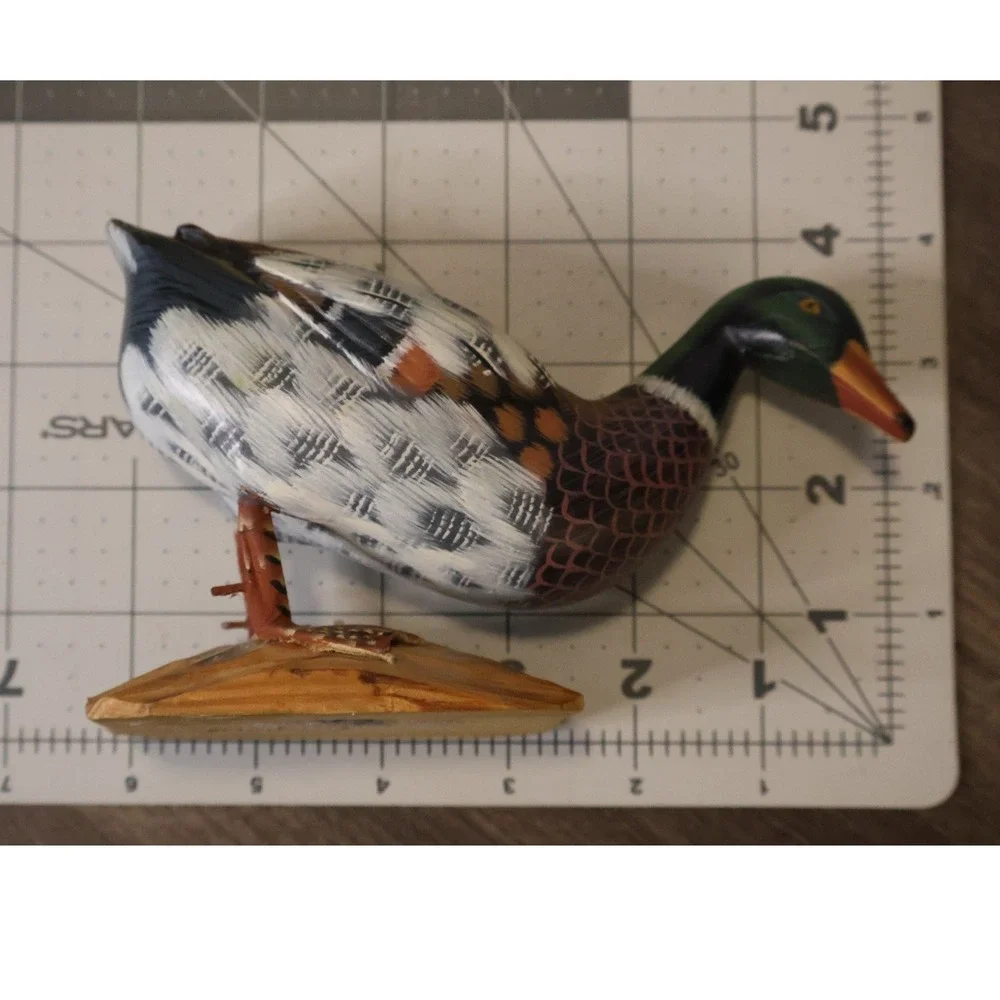 Vintage Hand Carved Painted Standing Mallard Duck Sculpture Wood Base Folk Art
